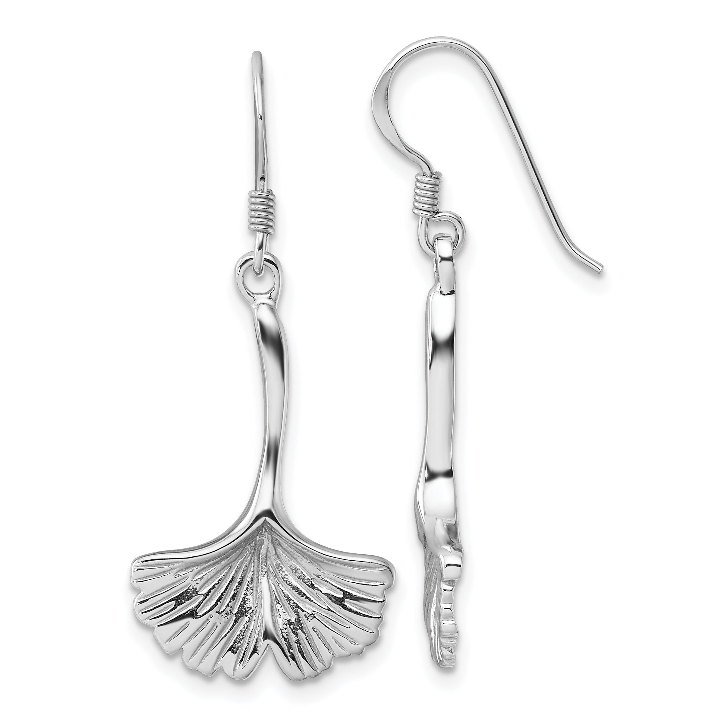 Sterling Silver Rhod-Plated Polished Grooved Ginkgo Leaf Dangle Earrings