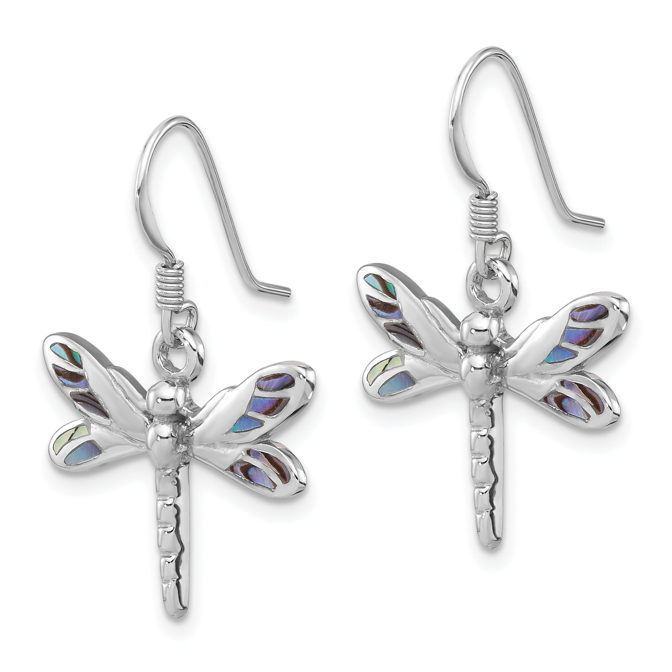 Sterling Silver Rhodium-Plated Polished Abalone Dragonfly Earrings