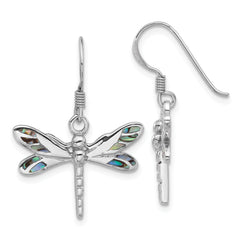 Sterling Silver Rhodium-Plated Polished Abalone Dragonfly Earrings