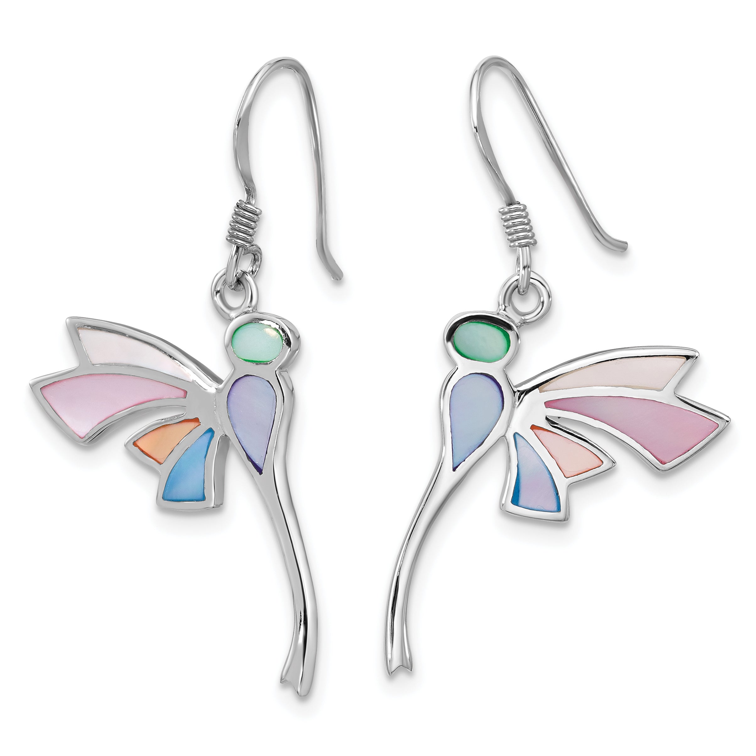 SS Rhod-Plated Polished Multi-Color Dragonfly Mother of Pearl Earrings