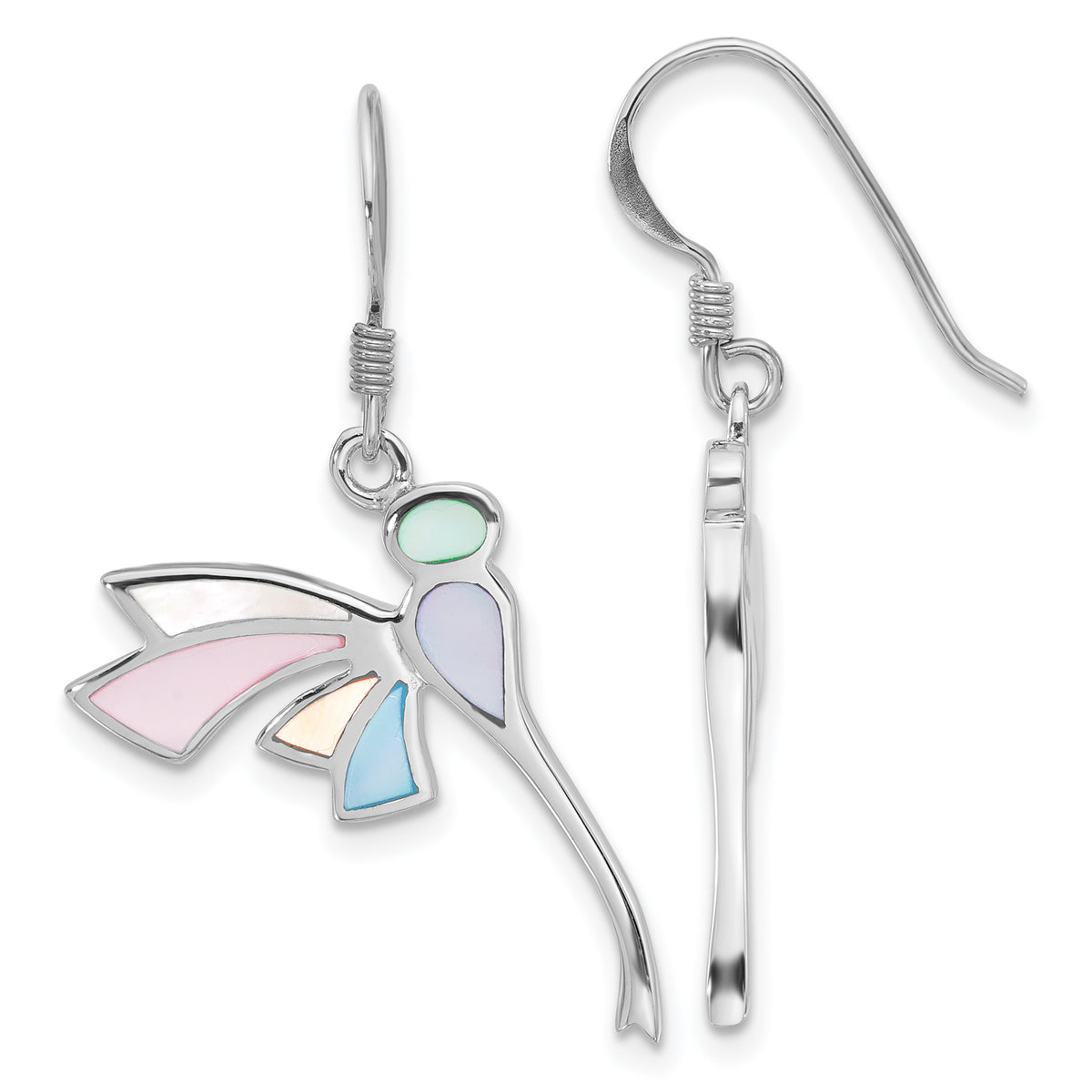 SS Rhod-Plated Polished Multi-Color Dragonfly Mother of Pearl Earrings