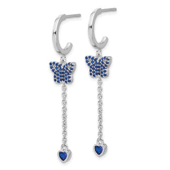 Sterling Silver Rhodium-plated Blue CZ Butterfly Heart Post Hoop Earrings