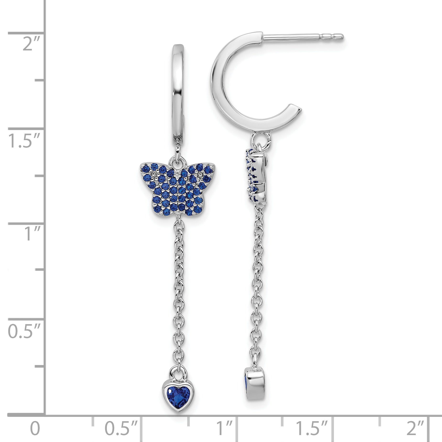 Sterling Silver Rhodium-plated Blue CZ Butterfly Heart Post Hoop Earrings