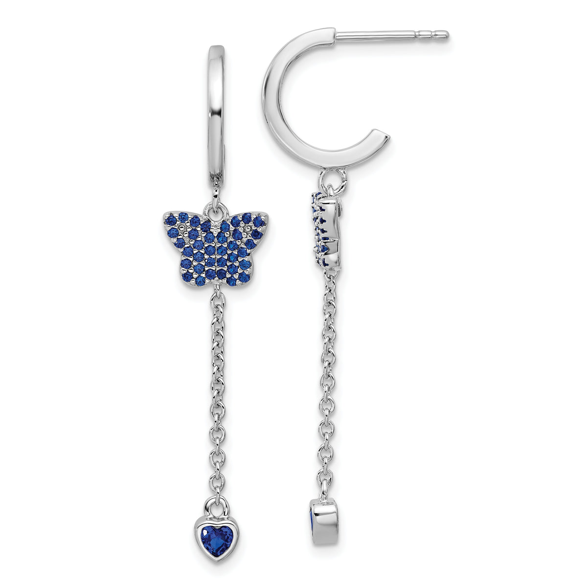 Sterling Silver Rhodium-plated Blue CZ Butterfly Heart Post Hoop Earrings