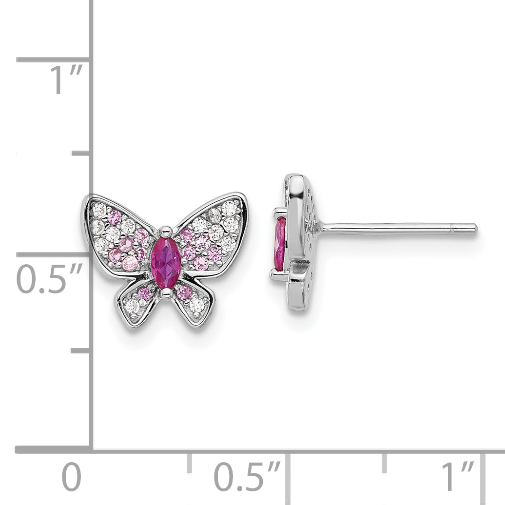 Sterling Silver Rhodium-plated Pink and White CZ Butterfly Post Earrings