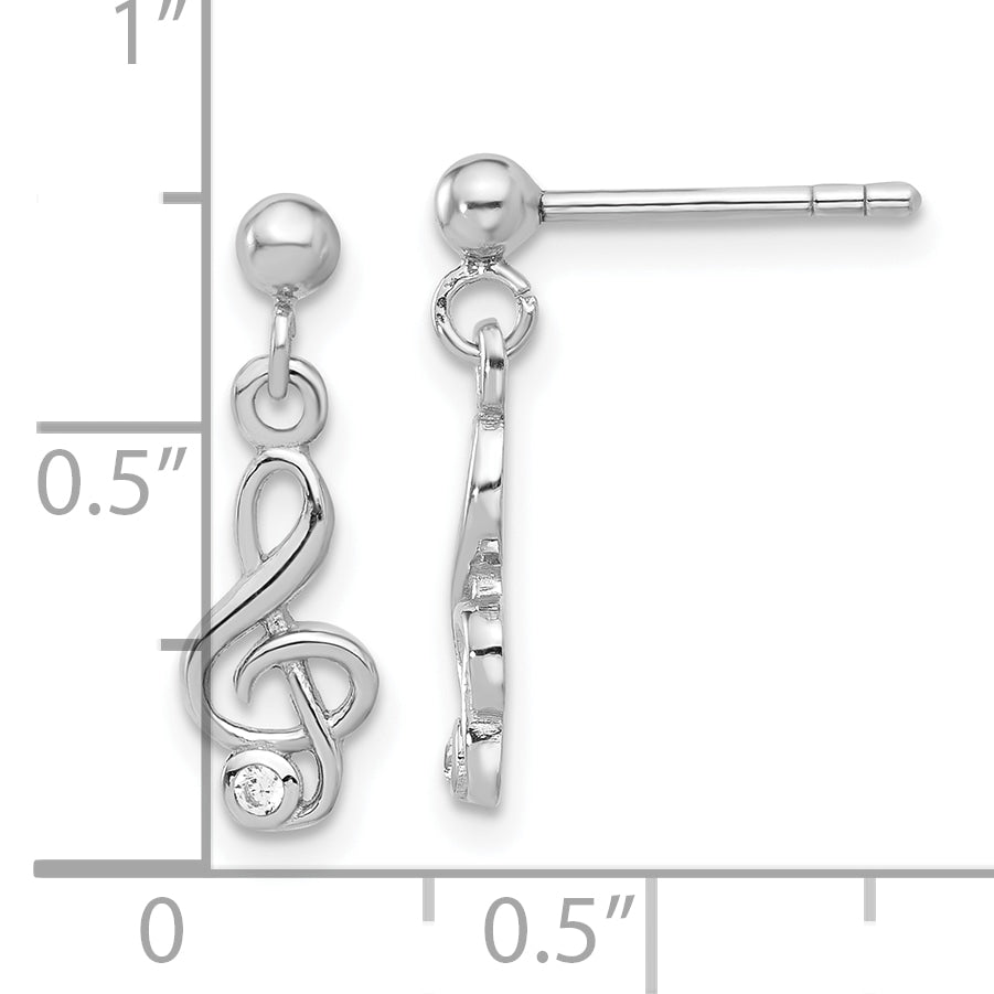 Sterling Silver Rhodium-plated CZ Treble Clef Post Dangle Drop Earrings