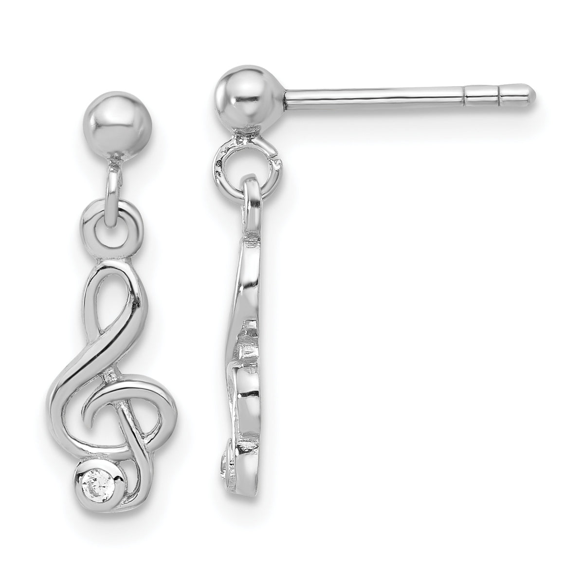 Sterling Silver Rhodium-plated CZ Treble Clef Post Dangle Drop Earrings