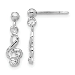 Sterling Silver Rhodium-plated CZ Treble Clef Post Dangle Drop Earrings