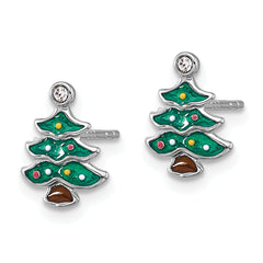 SS Rh-plated Green Enamel Crystal Christmas Tree Post Earrings