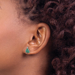 SS Rh-plated Green Enamel Crystal Christmas Tree Post Earrings