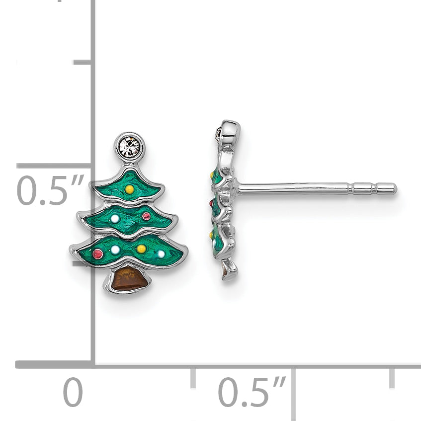 SS Rh-plated Green Enamel Crystal Christmas Tree Post Earrings