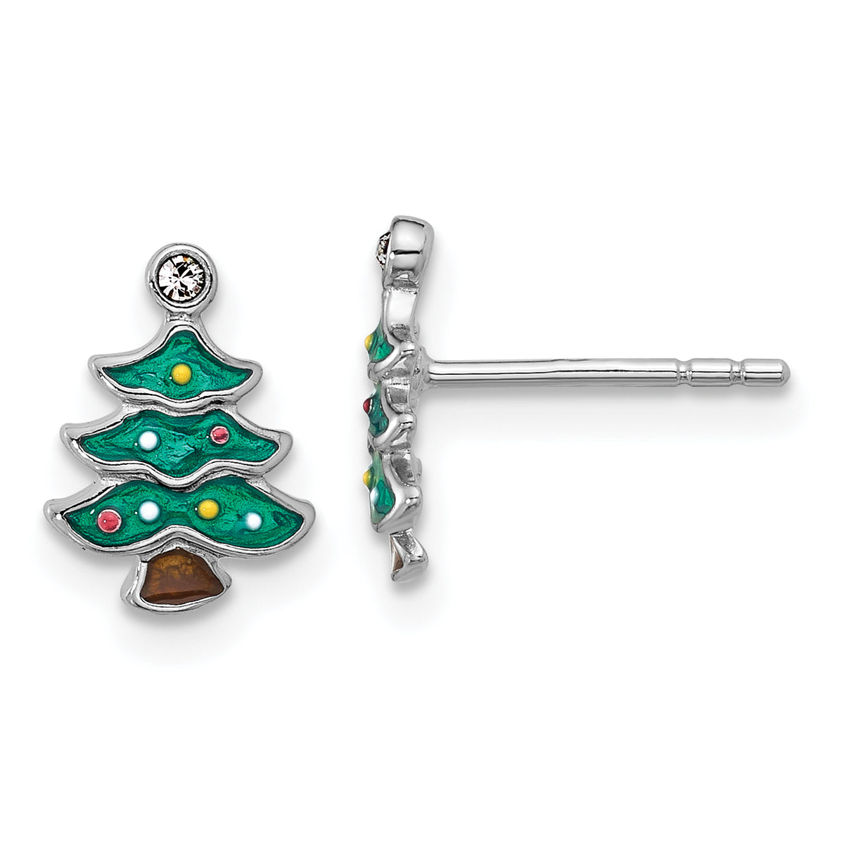 SS Rh-plated Green Enamel Crystal Christmas Tree Post Earrings