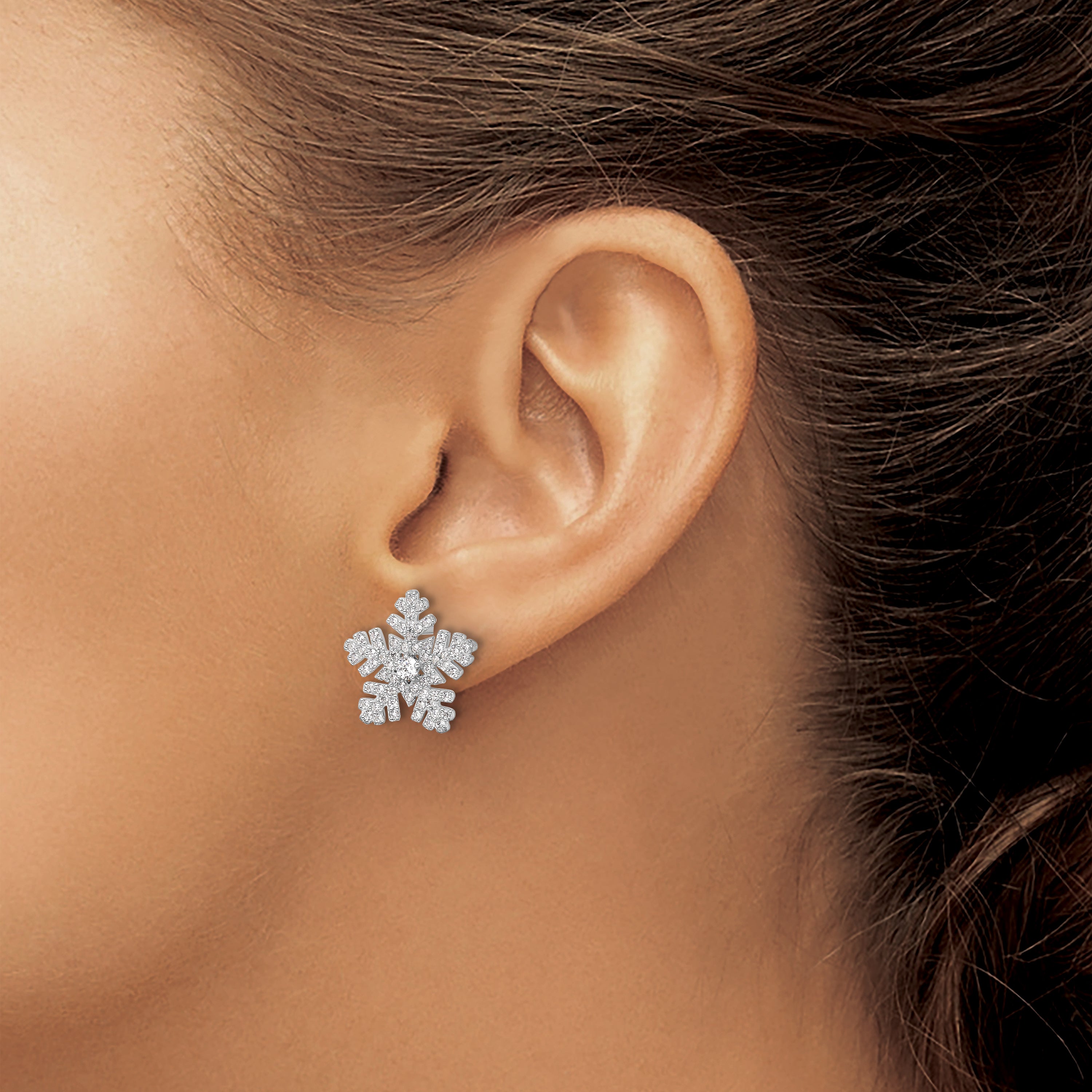 Sterling Silver Rhodium-plated CZ Snowflake Post Earrings