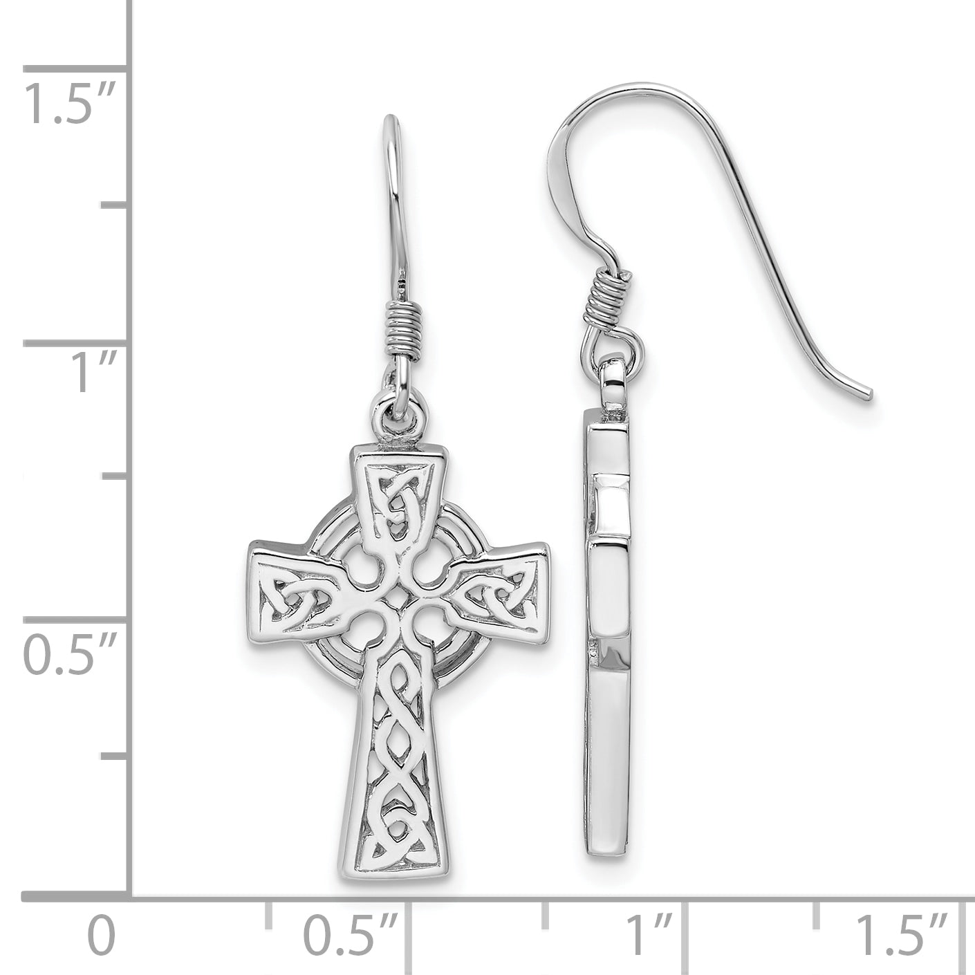 Sterling Silver Rhod-Plated Polished Dangle Celtic Cross Design Earrings