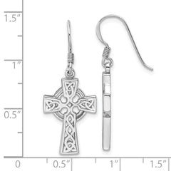 Sterling Silver Rhod-Plated Polished Dangle Celtic Cross Design Earrings