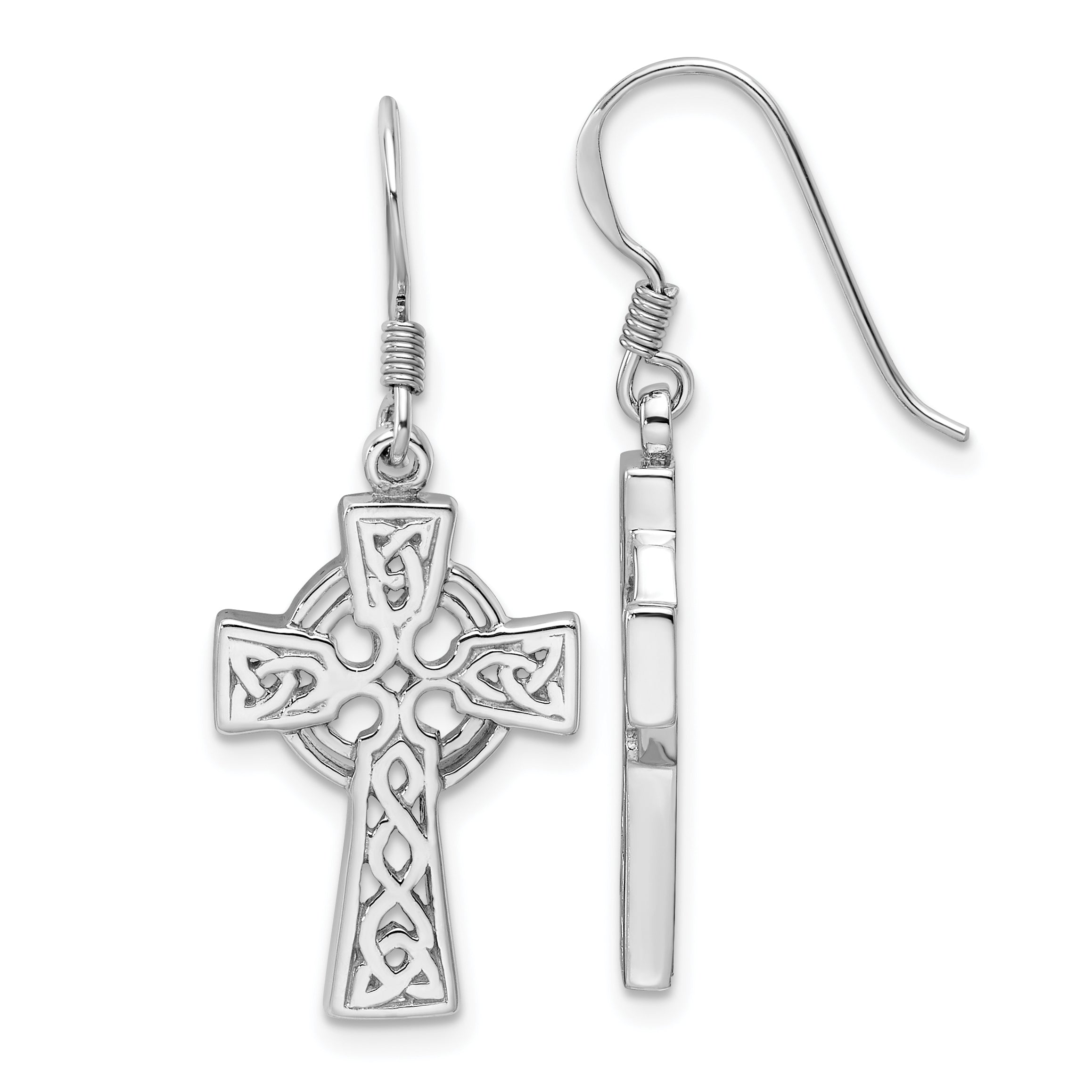 Sterling Silver Rhod-Plated Polished Dangle Celtic Cross Design Earrings