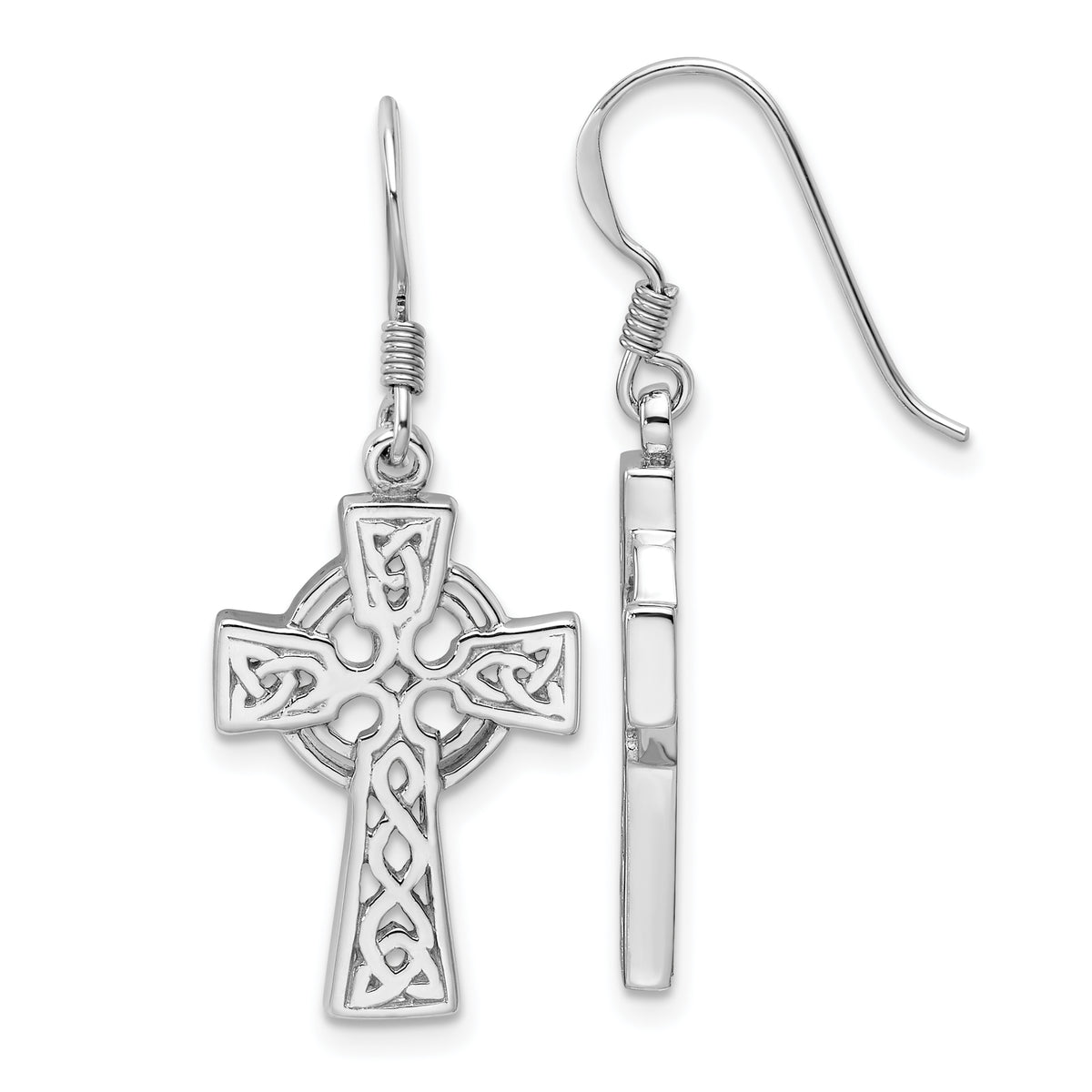 Sterling Silver Rhod-Plated Polished Dangle Celtic Cross Design Earrings