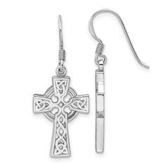 Sterling Silver Rhod-Plated Polished Dangle Celtic Cross Design Earrings