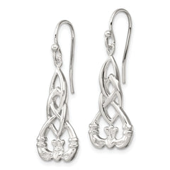 Sterling Silver Polished Celtic Knot Claddagh Dangle Earrings