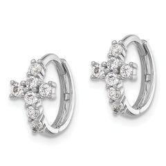 Sterling Silver RH-plated Polished CZ Cross Hinged Round Hoop Earrings