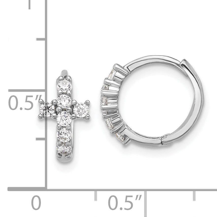 Sterling Silver RH-plated Polished CZ Cross Hinged Round Hoop Earrings