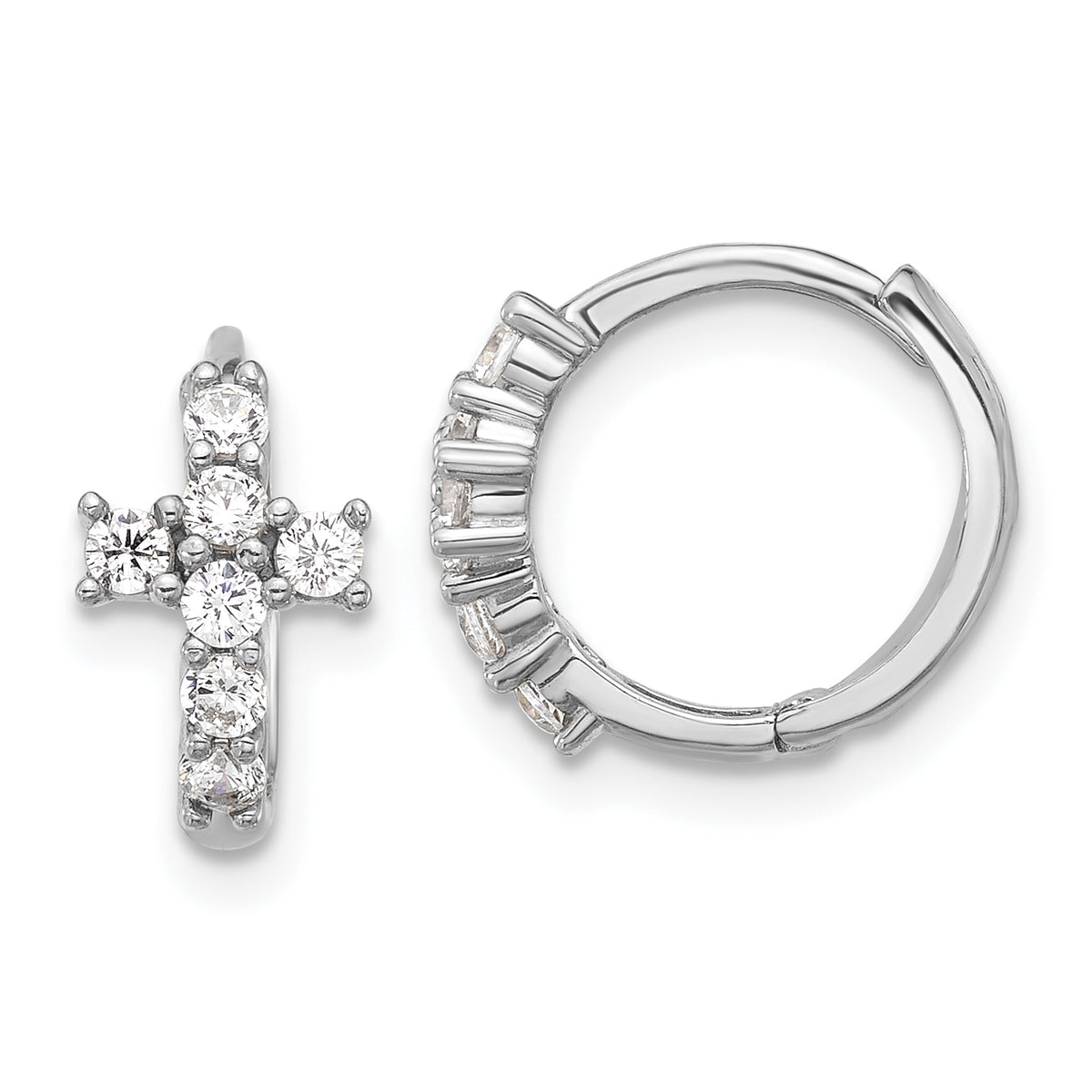 Sterling Silver RH-plated Polished CZ Cross Hinged Round Hoop Earrings