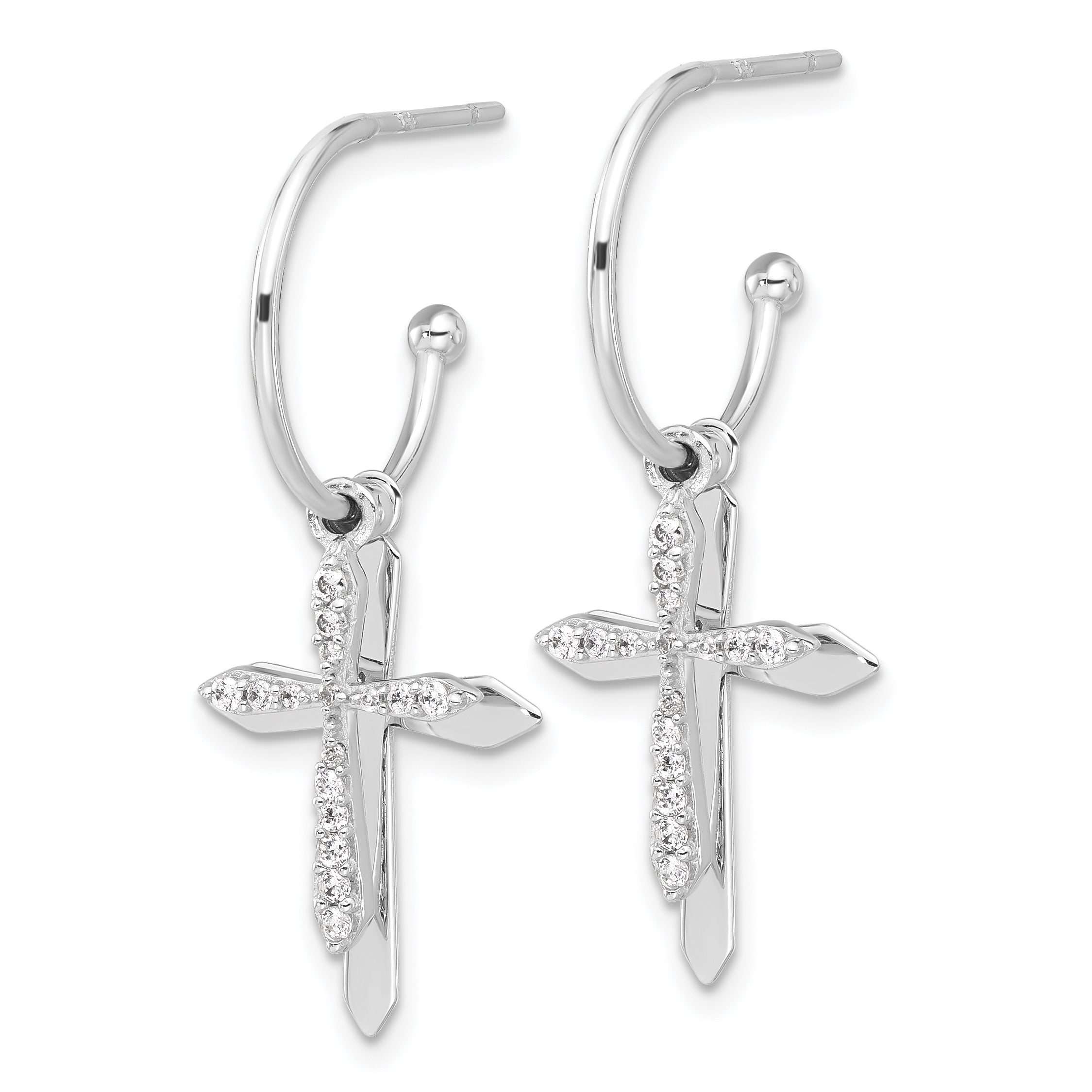 Sterling Silver Polished CZ Cross Dangle Post C-Hoop Earrings