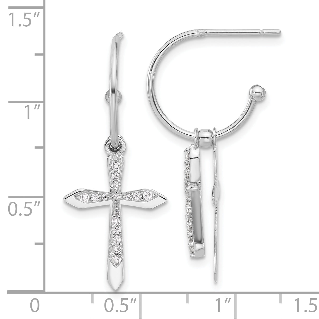 Sterling Silver Polished CZ Cross Dangle Post C-Hoop Earrings