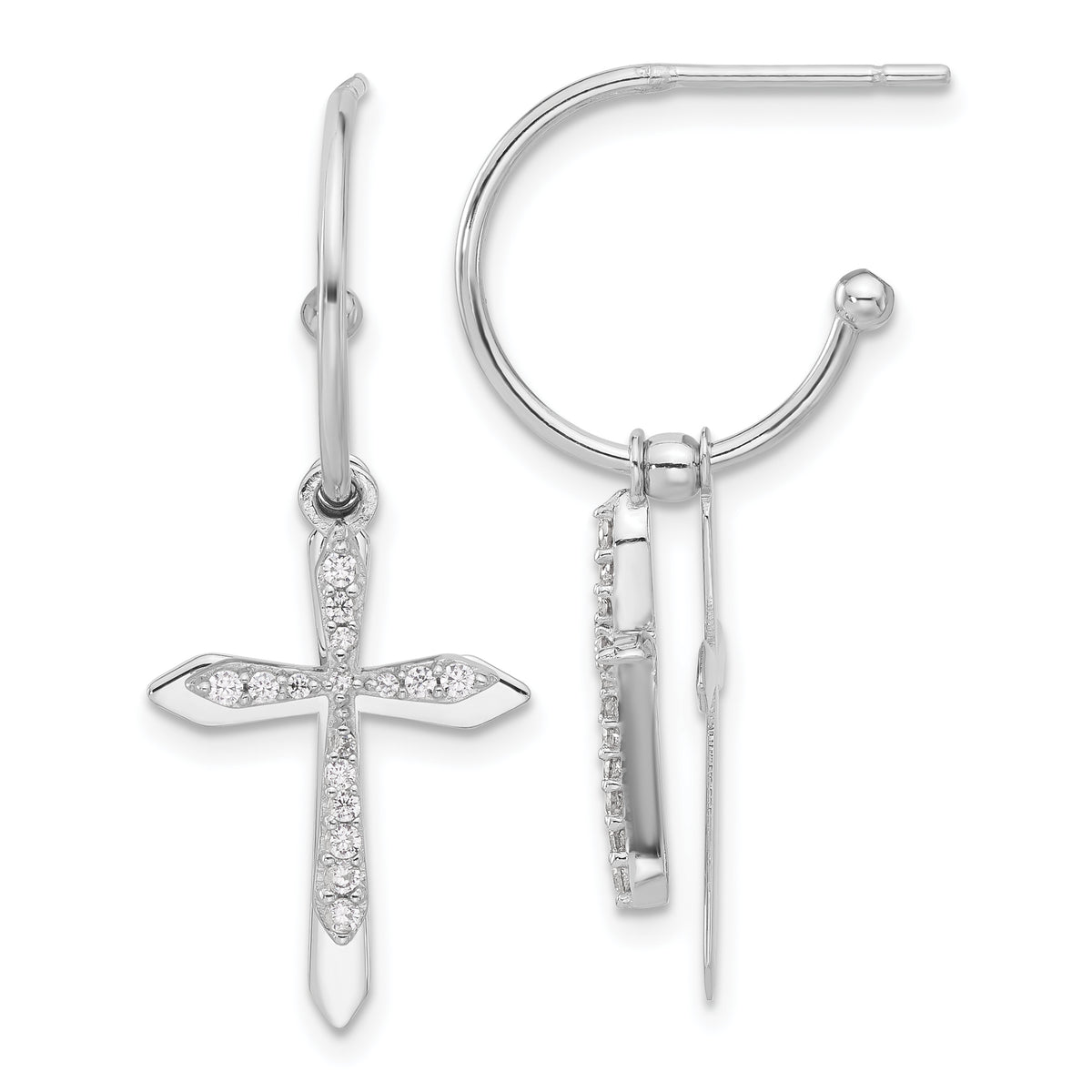 Sterling Silver Polished CZ Cross Dangle Post C-Hoop Earrings