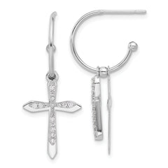 Sterling Silver Polished CZ Cross Dangle Post C-Hoop Earrings