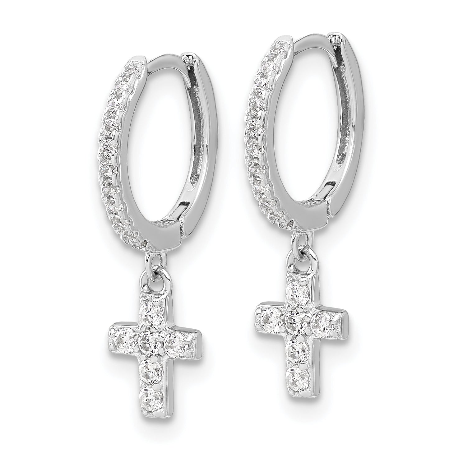 Sterling Silver RH-plated Polished CZ Cross Dangle Round Hoop Earrings