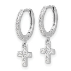 Sterling Silver RH-plated Polished CZ Cross Dangle Round Hoop Earrings