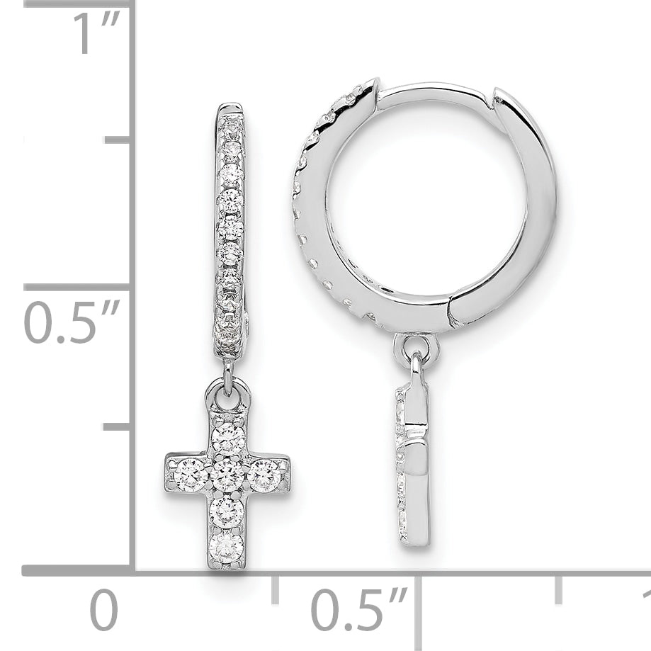 Sterling Silver RH-plated Polished CZ Cross Dangle Round Hoop Earrings