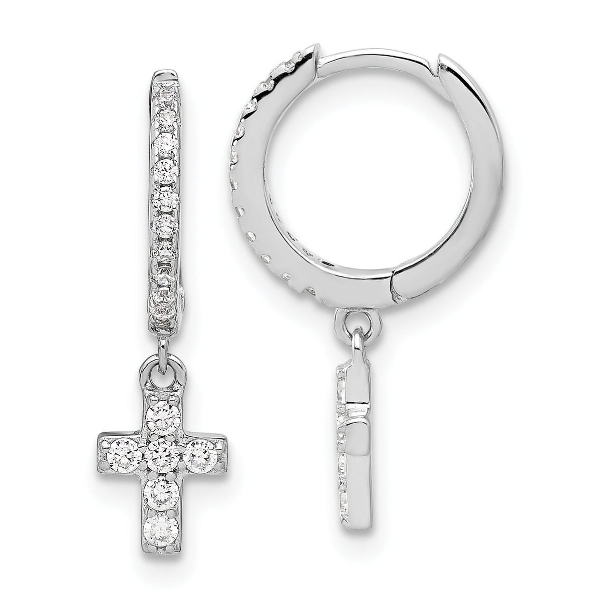 Sterling Silver RH-plated Polished CZ Cross Dangle Round Hoop Earrings