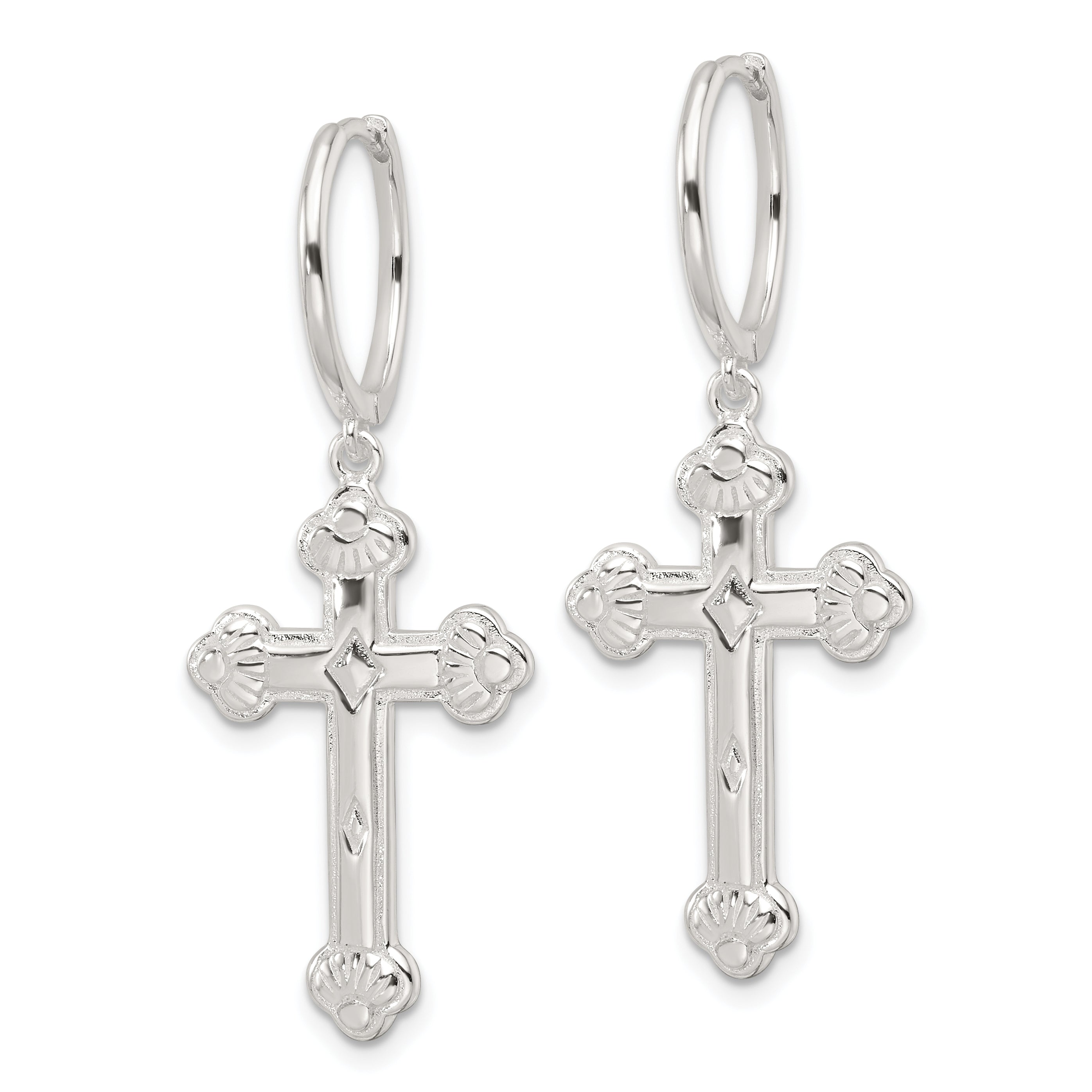 Sterling Silver E-Coating Polished Dangle Cross Round Hoop Earrings