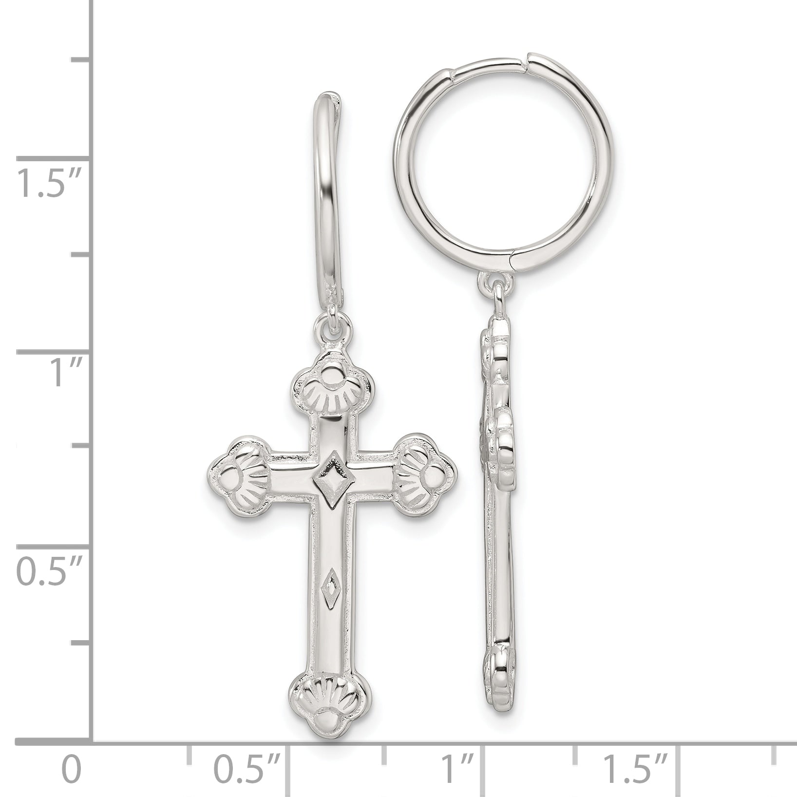 Sterling Silver E-Coating Polished Dangle Cross Round Hoop Earrings