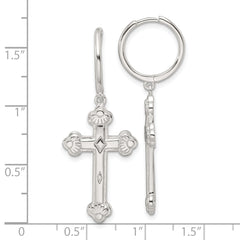 Sterling Silver E-Coating Polished Dangle Cross Round Hoop Earrings