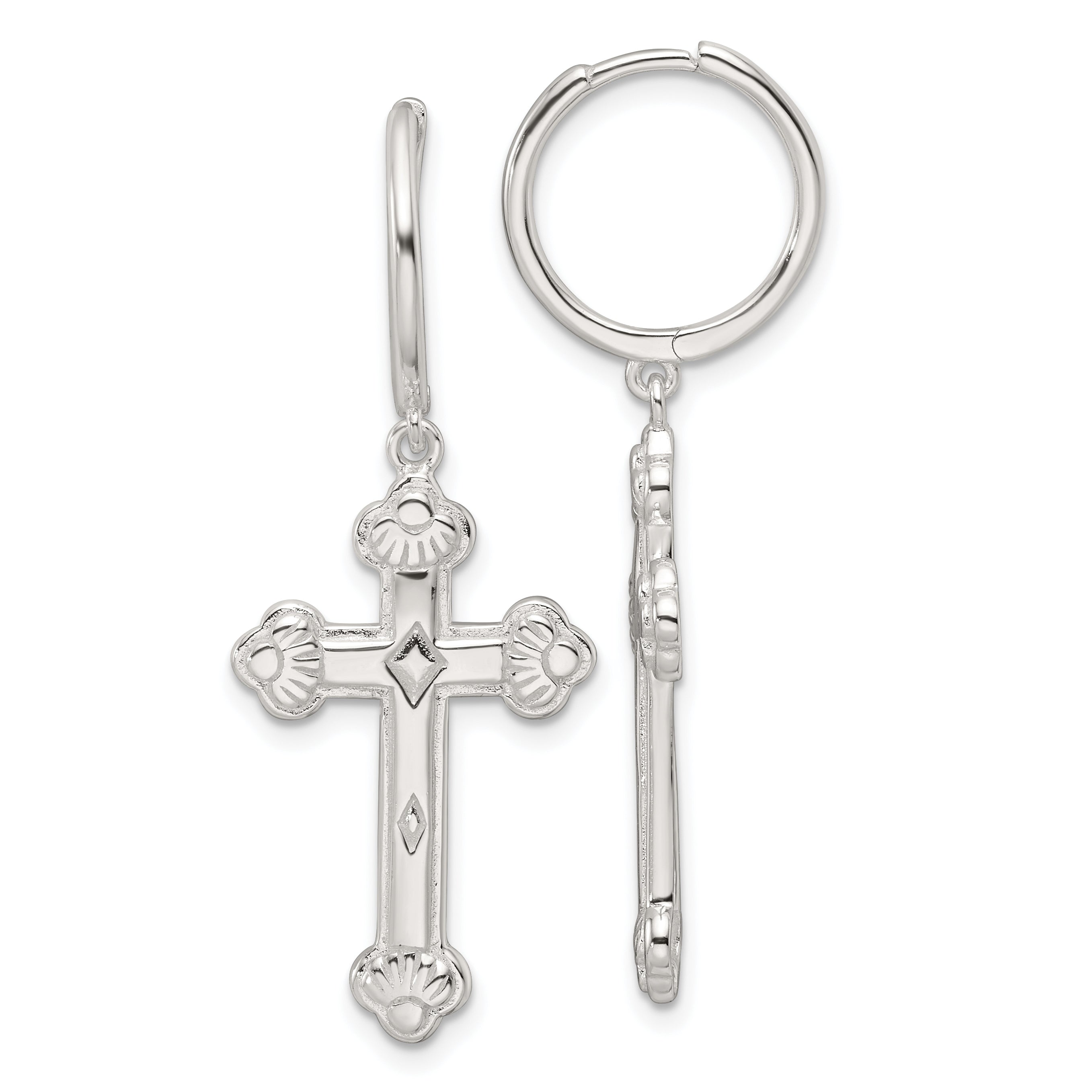 Sterling Silver E-Coating Polished Dangle Cross Round Hoop Earrings