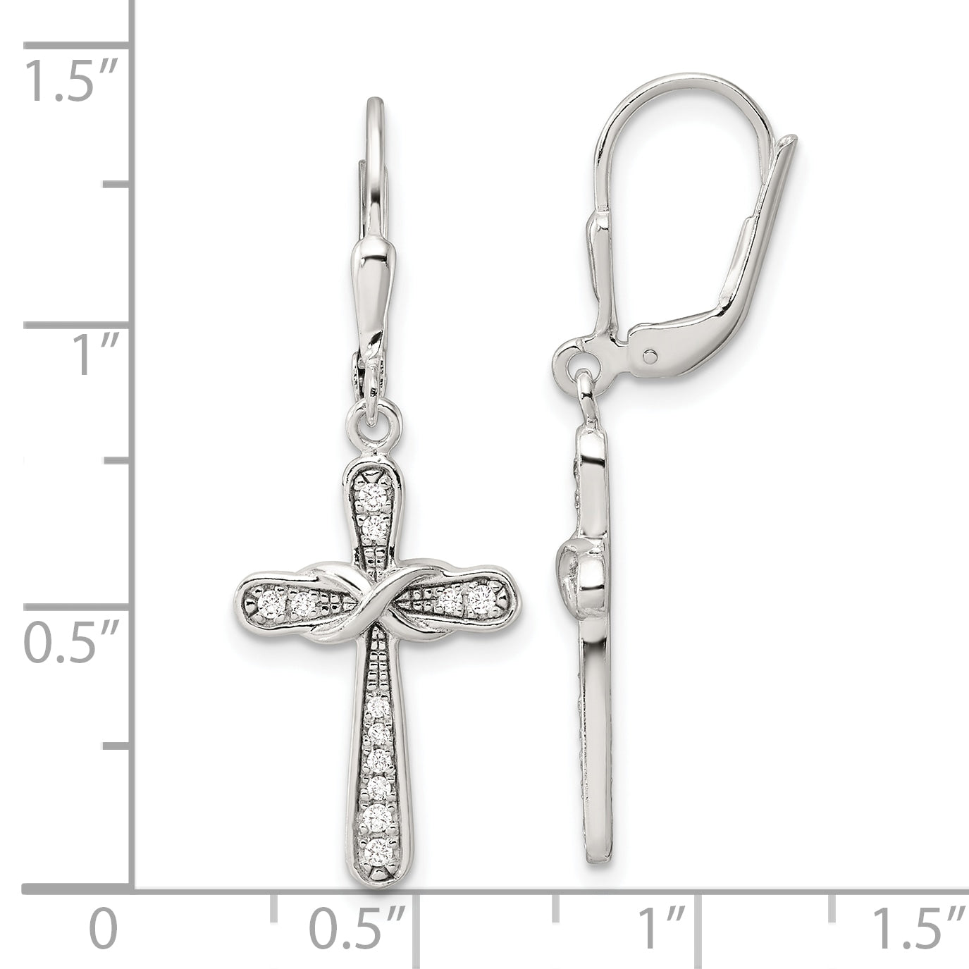 Sterling Silver Polished CZ Infinity Cross Leverback Dangle Earrings