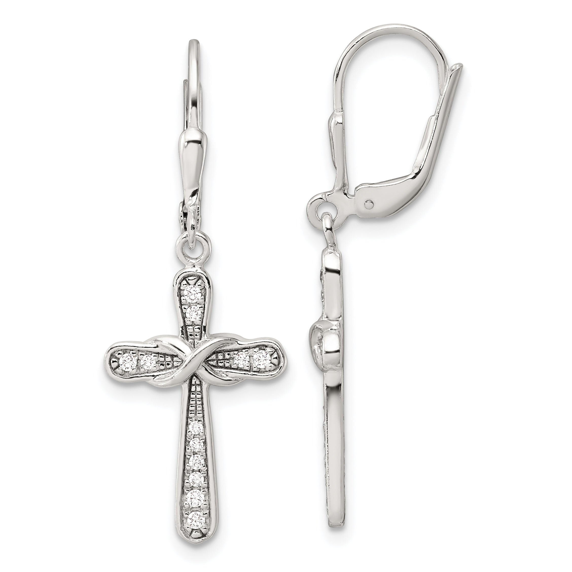 Sterling Silver Polished CZ Infinity Cross Leverback Dangle Earrings