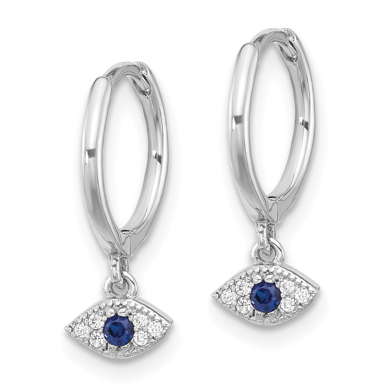 Sterling Silver RH-plated Blue & White CZ Evil Eye Dangle Hoop Earrings