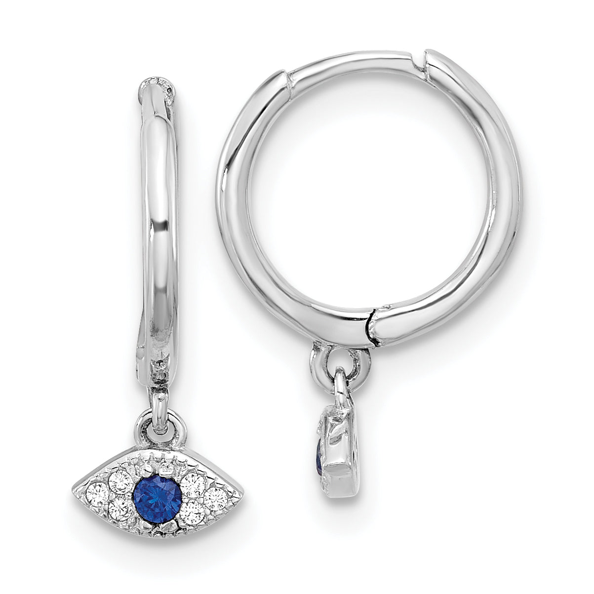 Sterling Silver RH-plated Blue & White CZ Evil Eye Dangle Hoop Earrings