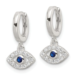 Sterling Silver E-Coating Blue & White CZ Evil Eye Dangle Hoop Earrings