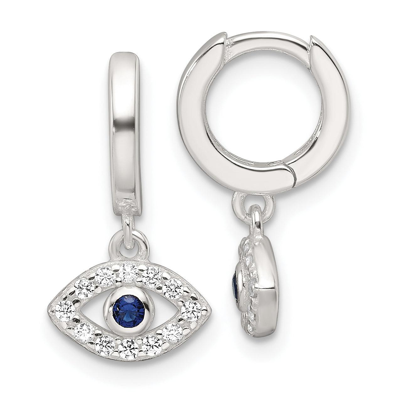 Sterling Silver E-Coating Blue & White CZ Evil Eye Dangle Hoop Earrings