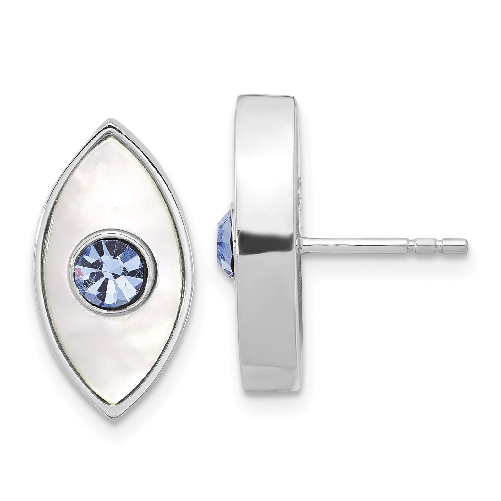 Sterling Silver RH-plated Polished MOP & Blue Crystal Evil Eye Post Earring