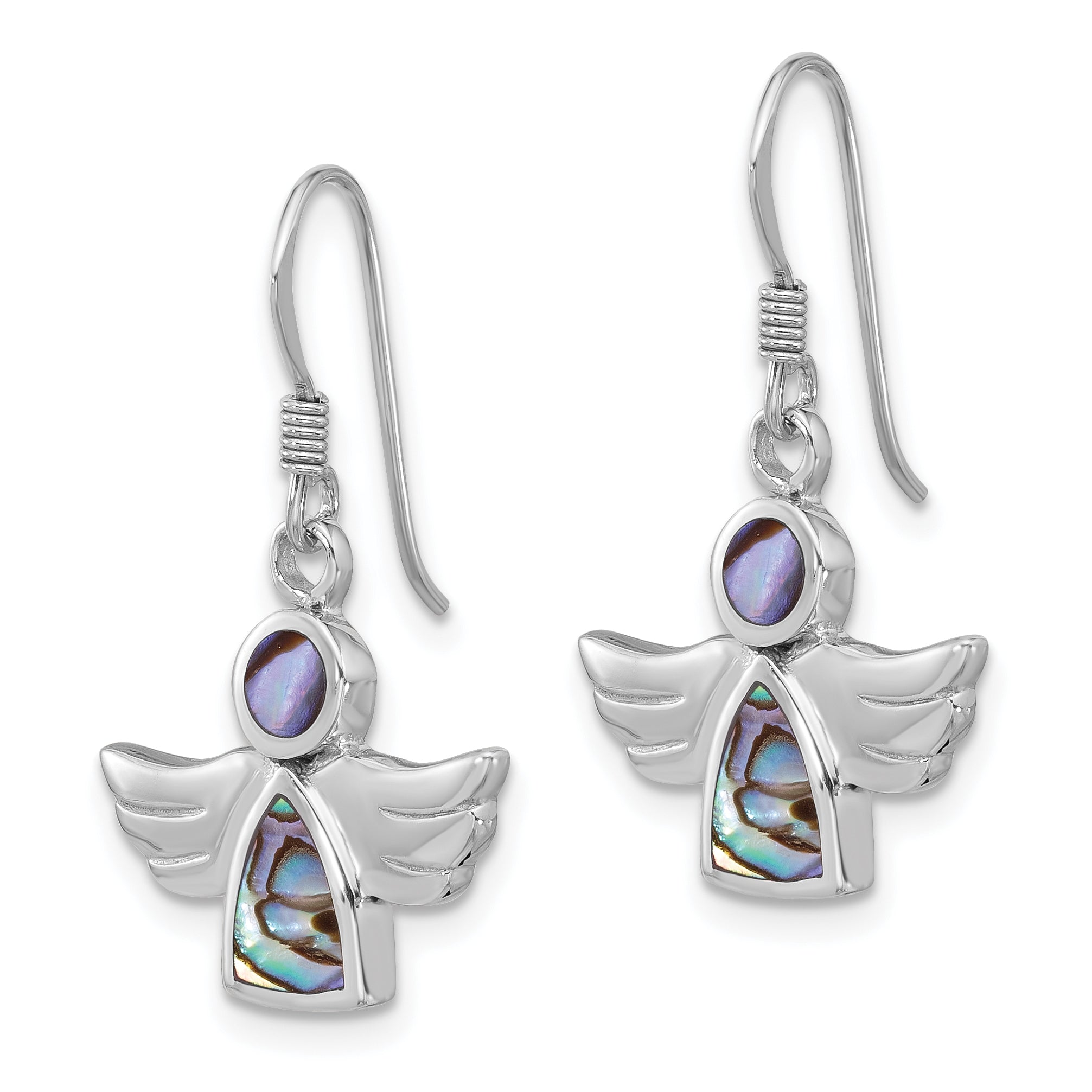 Sterling Silver Rhodium-plated Polished Abalone Angel Dangle Earrings