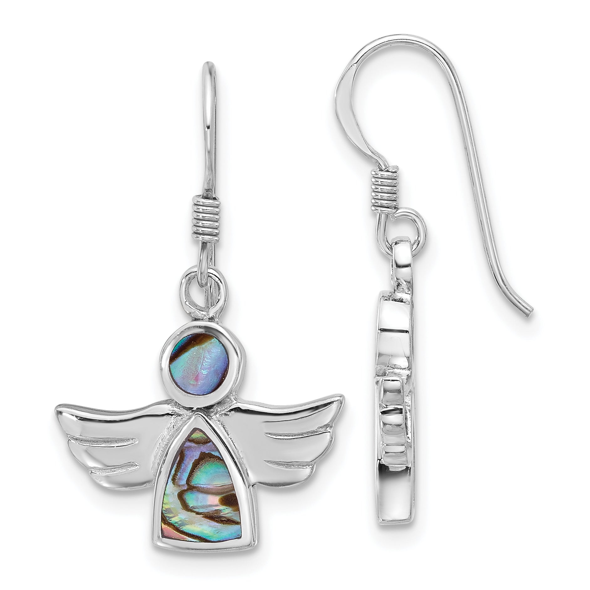 Sterling Silver Rhodium-plated Polished Abalone Angel Dangle Earrings