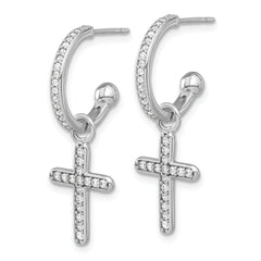 Sterling Silver Polished CZ Dangle Cross Post C-Hoop Earrings