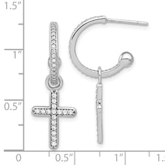 Sterling Silver Polished CZ Dangle Cross Post C-Hoop Earrings