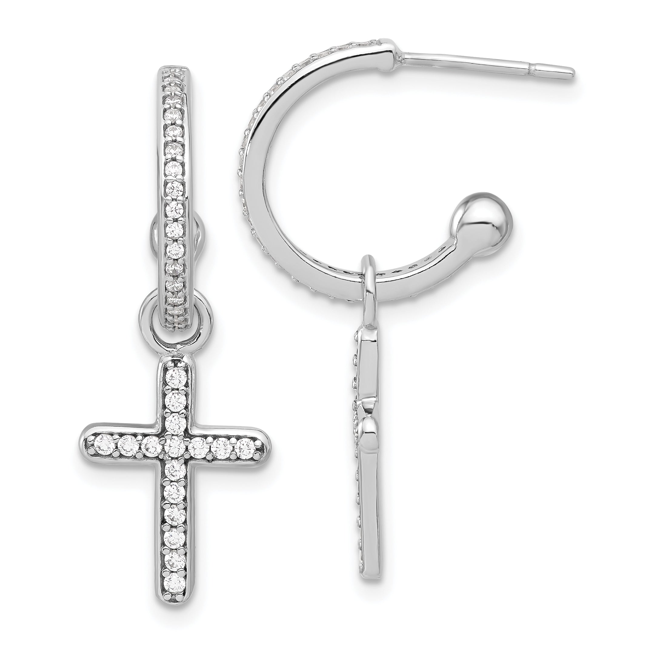 Sterling Silver Polished CZ Dangle Cross Post C-Hoop Earrings